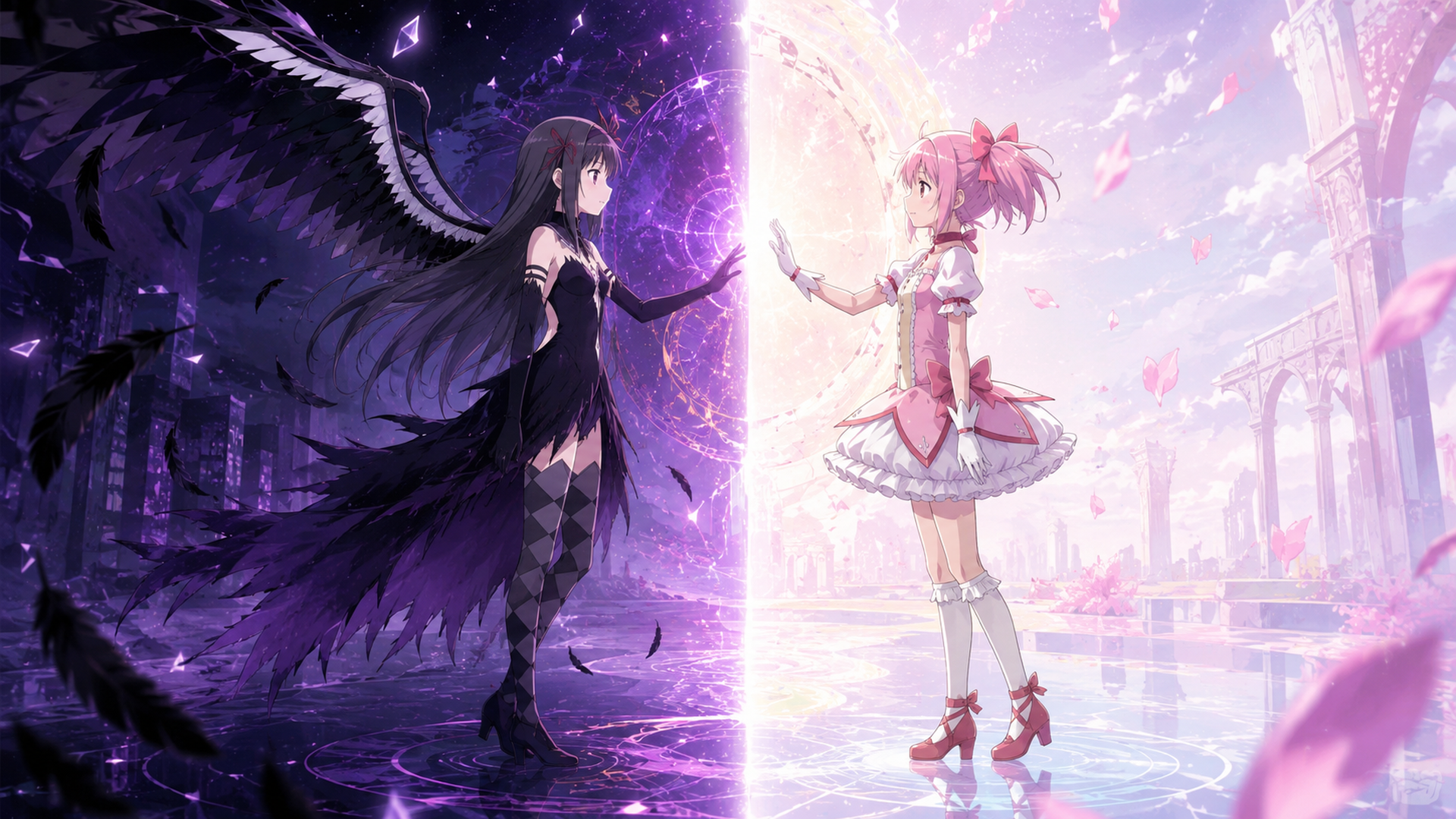 悪魔ほむらと鹿目まどかを思わせる二人の少女が異なる世界を象徴する二つの光の間で向き合う幻想的なシーン