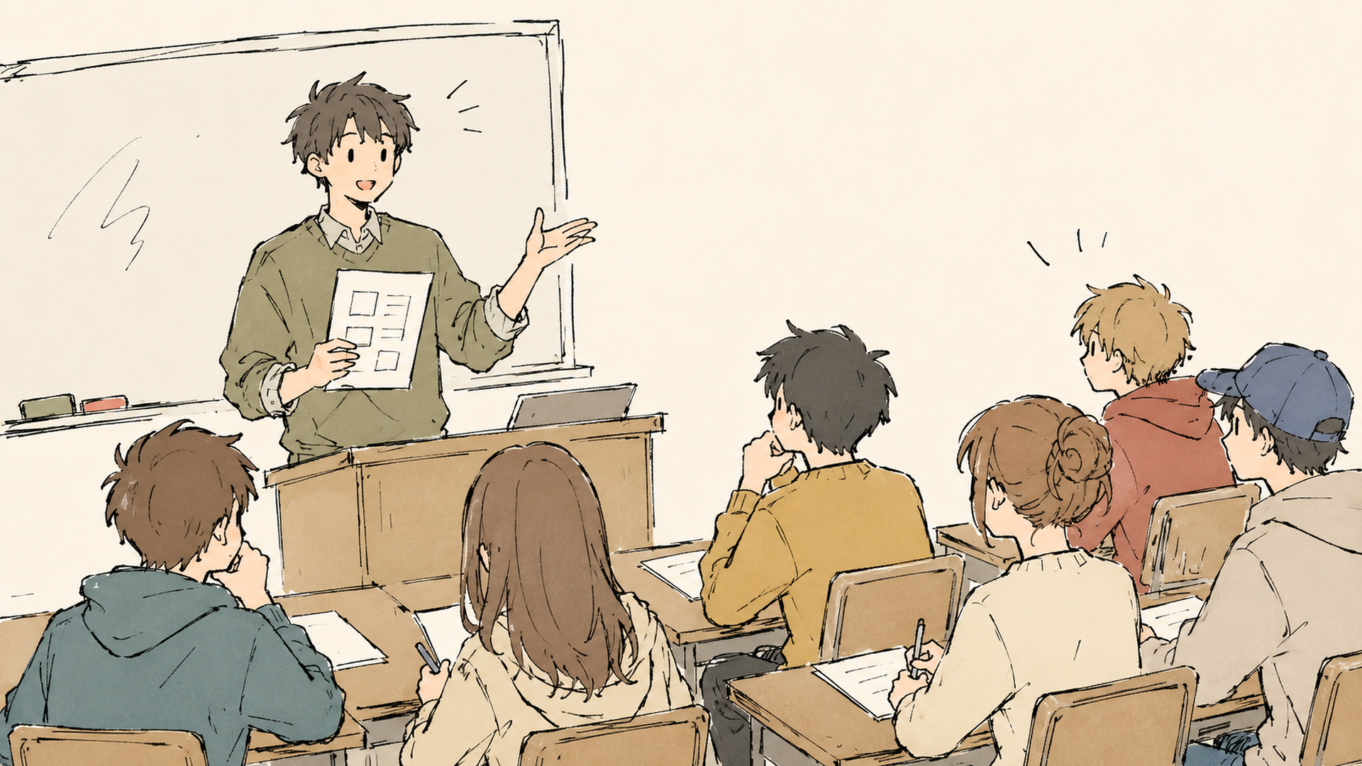 大学の講義室で資料を手に話す講師と受講者
