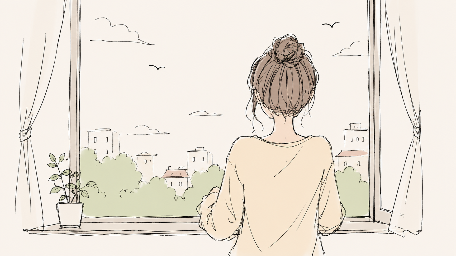窓辺から外の景色を眺める若い女性の後ろ姿