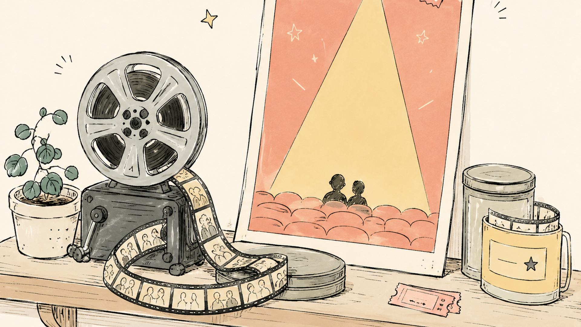 古い映画のフィルムと新しいポスターが並ぶ懐かしい雰囲気の棚