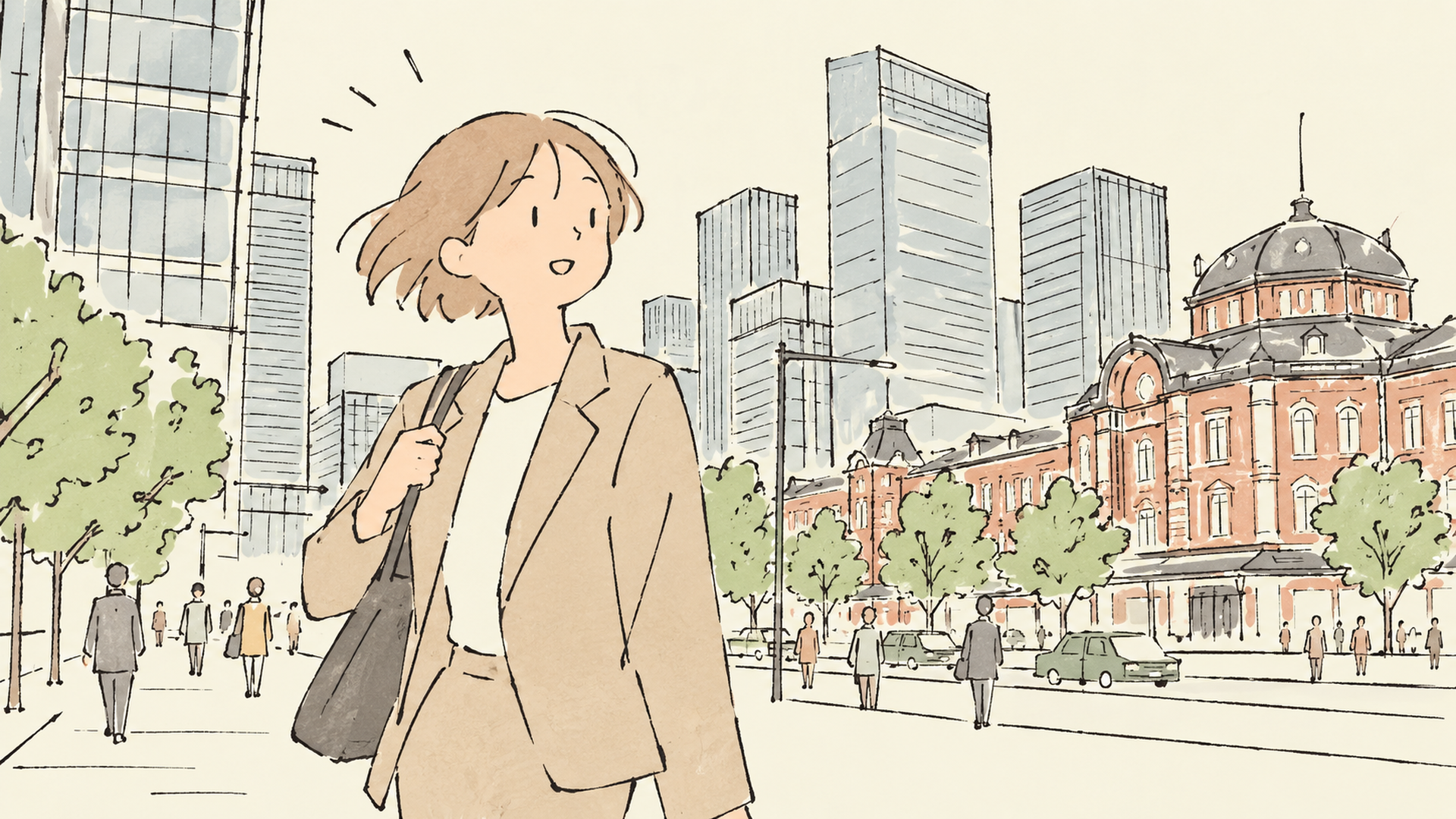 丸の内のオフィス街を背景にした都市の風景