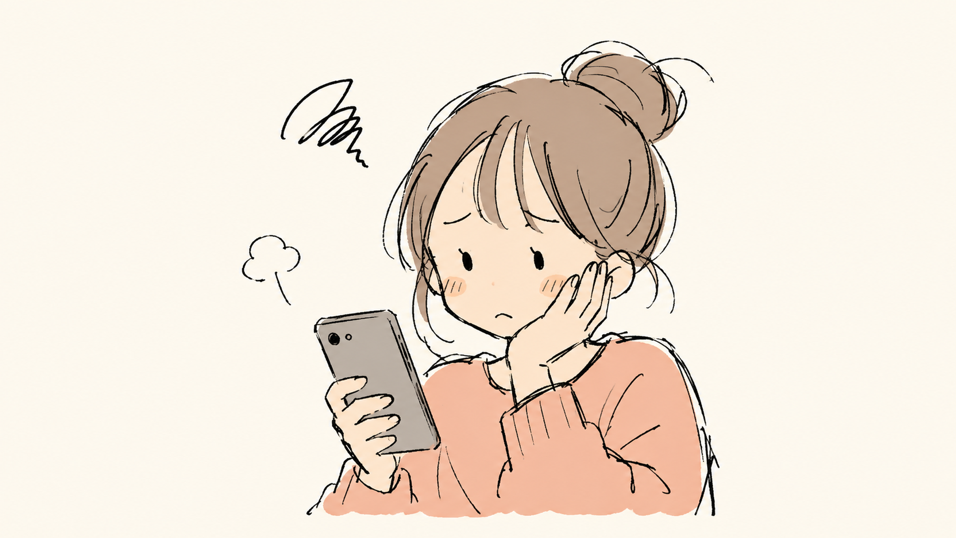 検索結果が見つからず困った表情でスマホを見つめる人