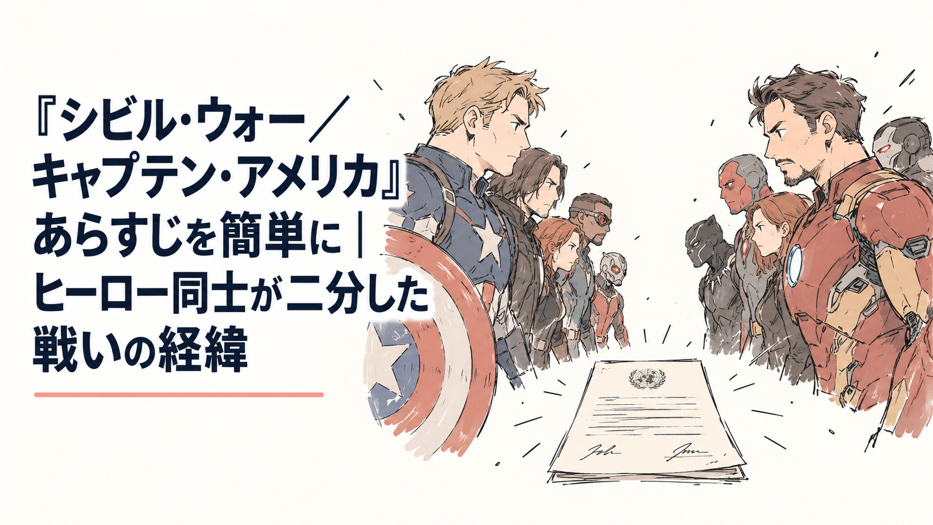 二つの陣営に分かれて向かい合うヒーローたちのシルエットと、その中央に置かれた一枚の協定書