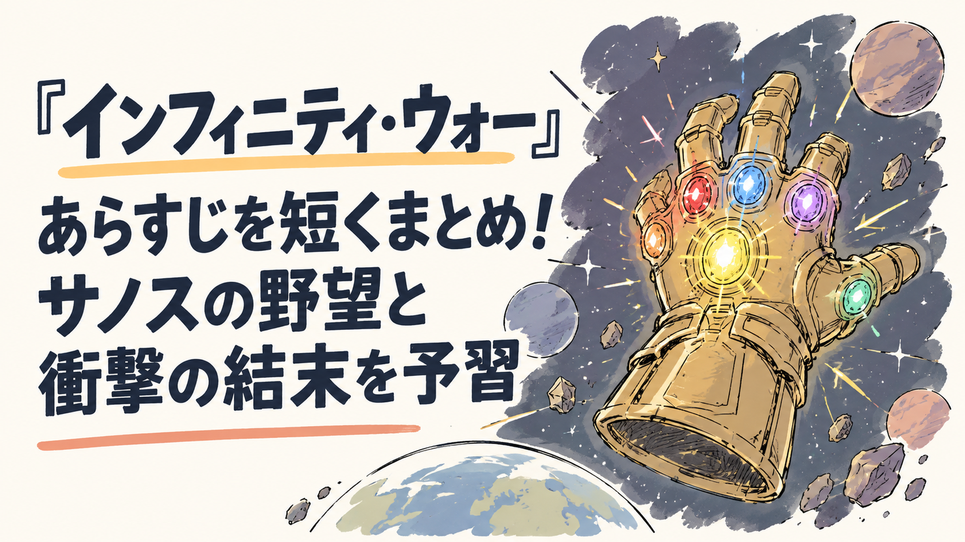 宇宙を背景に、6つの光る宝石がはめ込まれた巨大な金色の籠手が浮かび上がるシーン