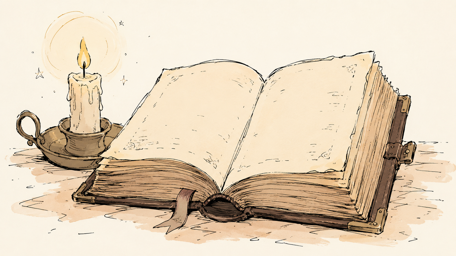 ろうそくの明かりの下で開かれた分厚い古書