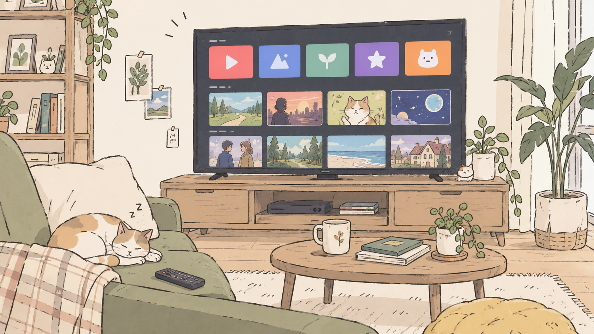 テレビ画面に動画配信サービスのアプリが並ぶリビングの様子