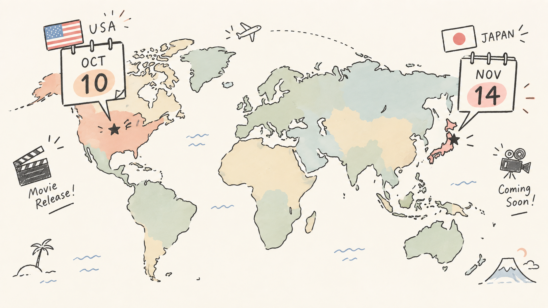 世界地図の上にアメリカと日本の公開日を示すカレンダーが置かれた図