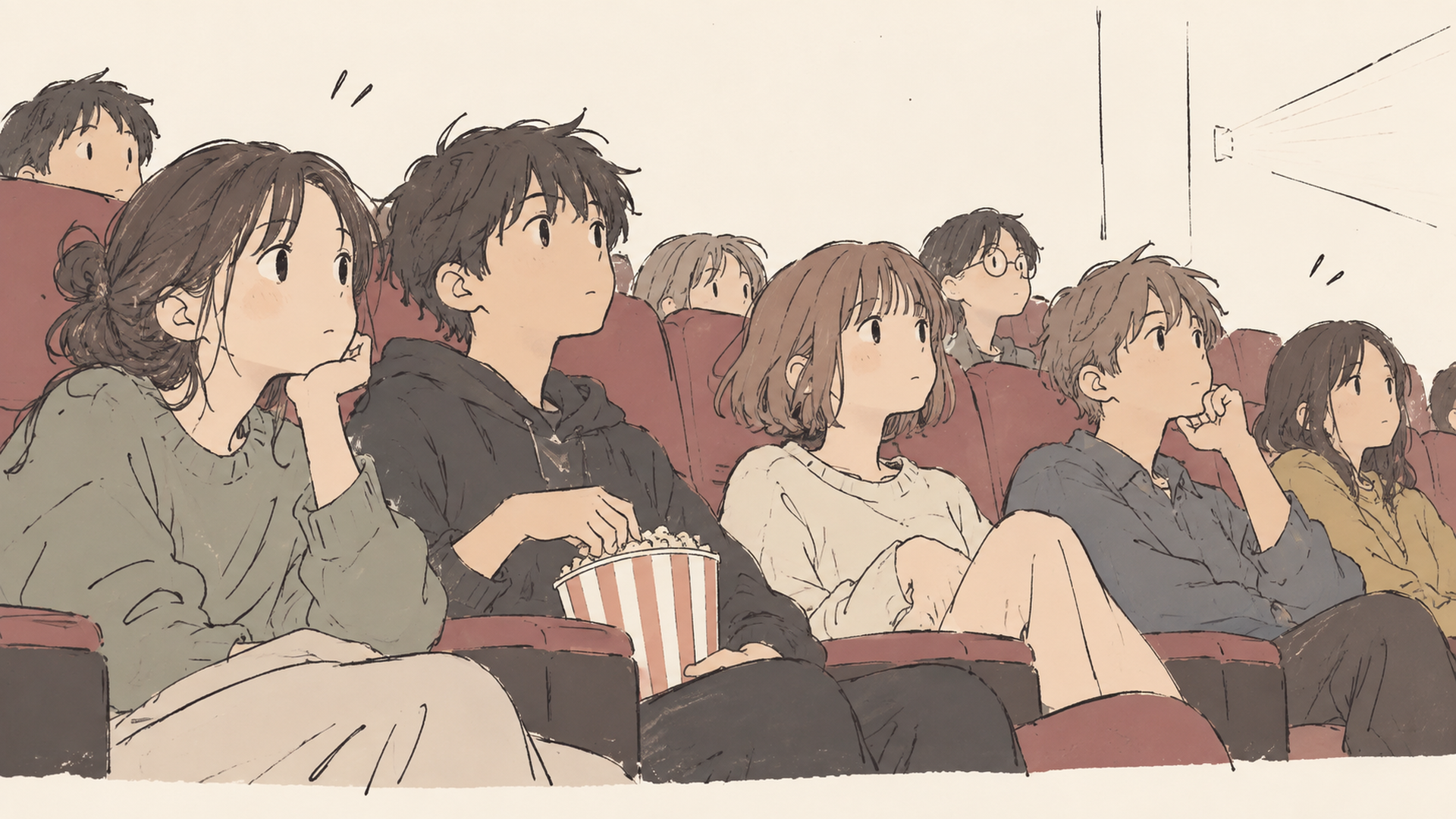 映画館の座席で真剣にスクリーンを見つめる観客たち