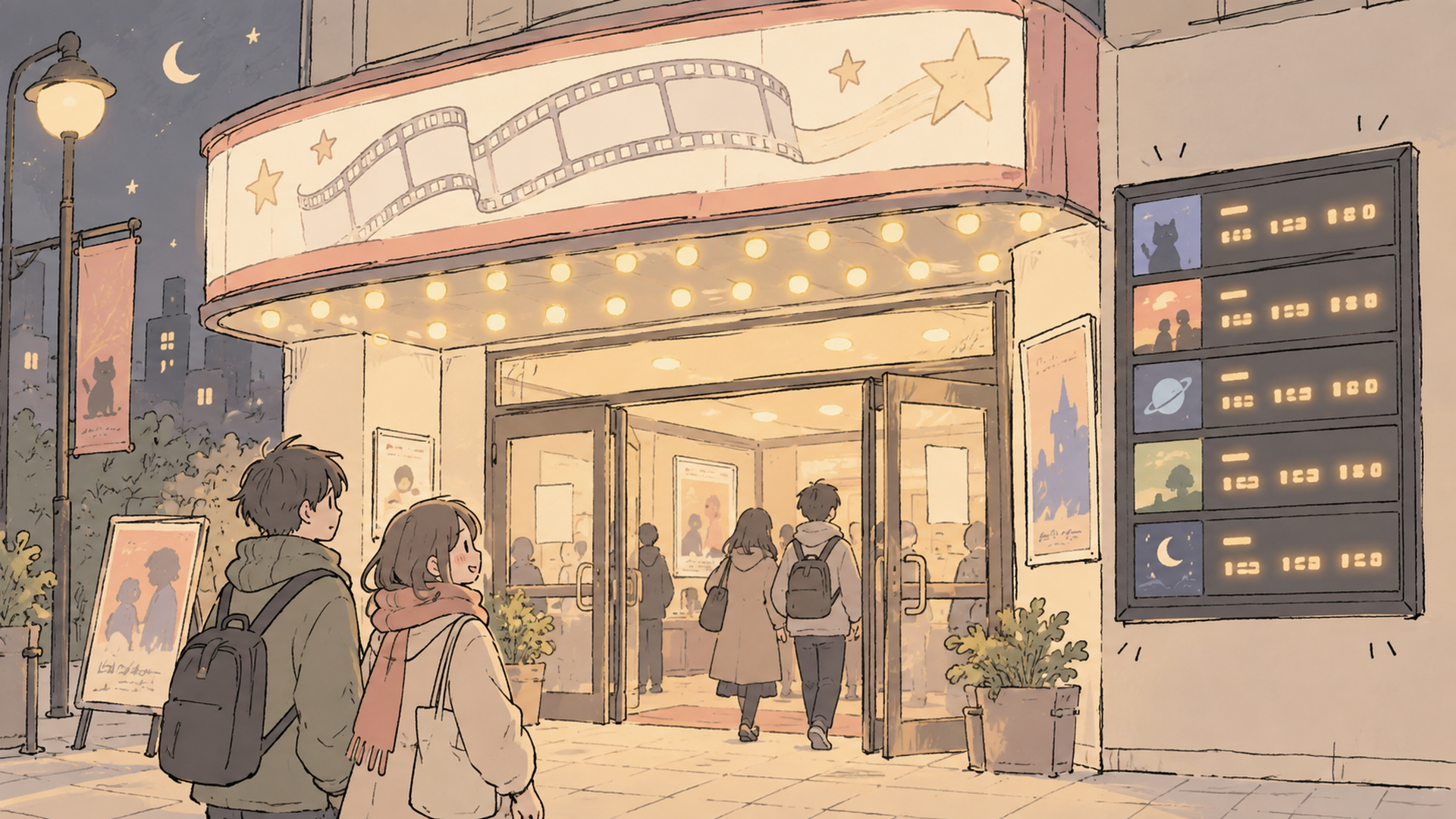 夜の映画館の入口と上映スケジュールが並ぶ電光掲示板