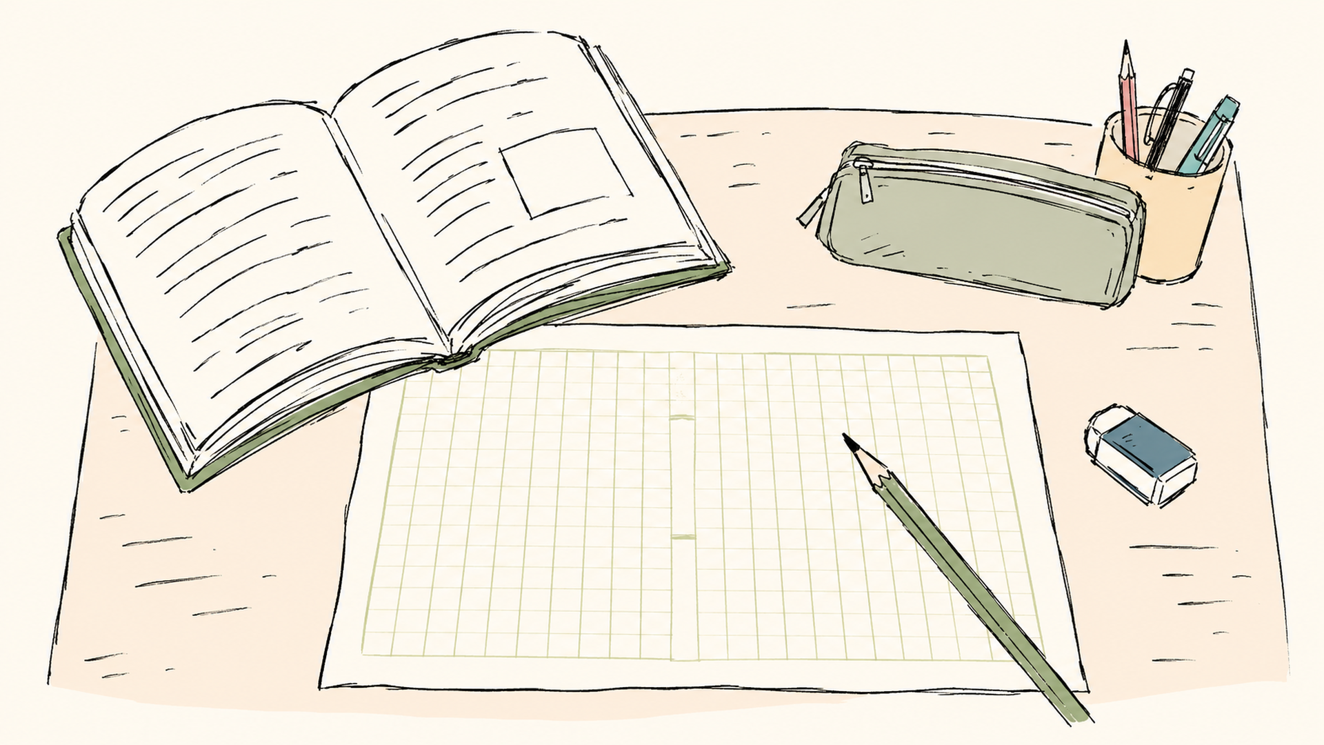 原稿用紙と鉛筆、開いた本が置かれた勉強机