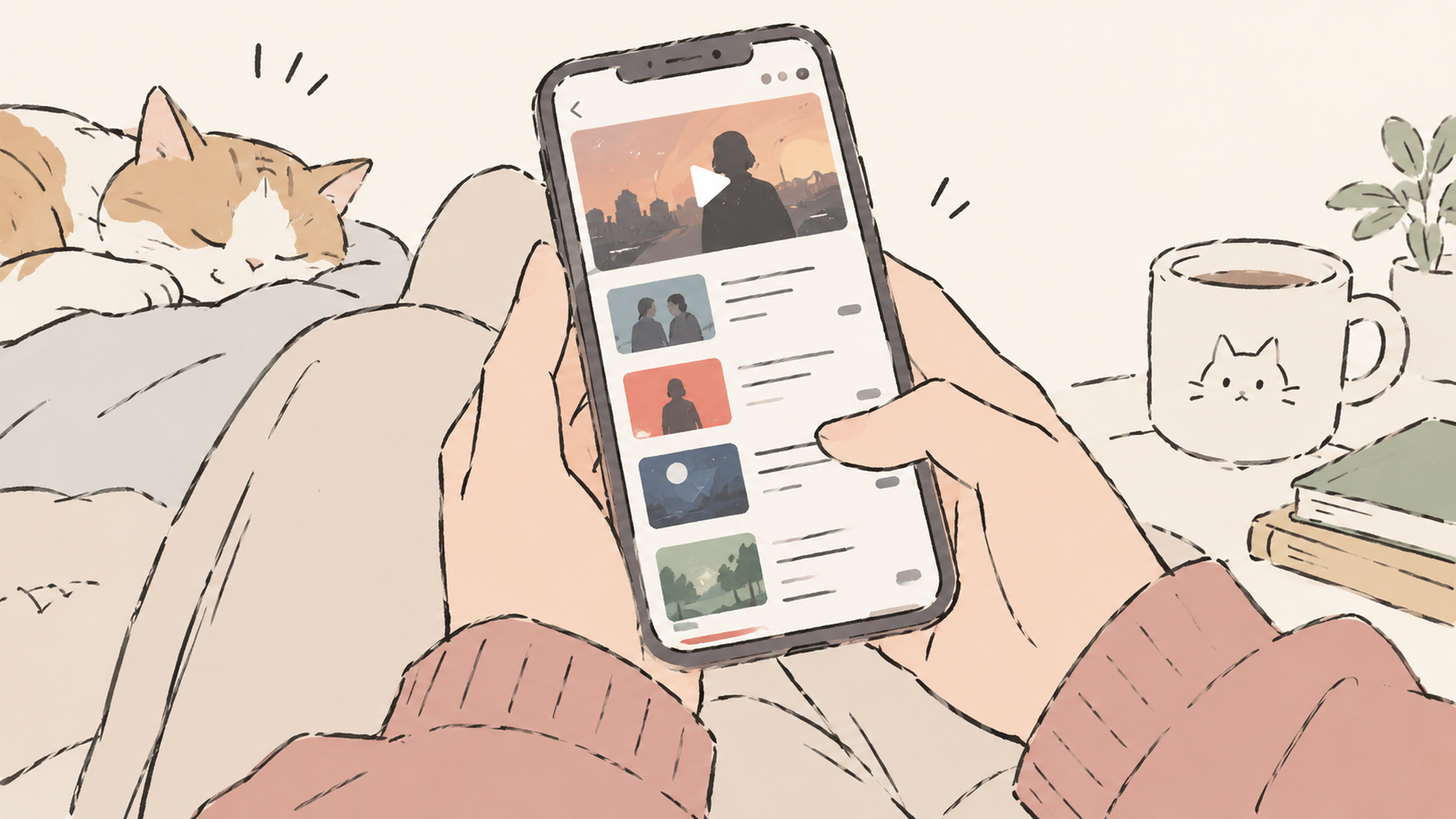スマートフォンで映画の配信ニュースをチェックする人の手元