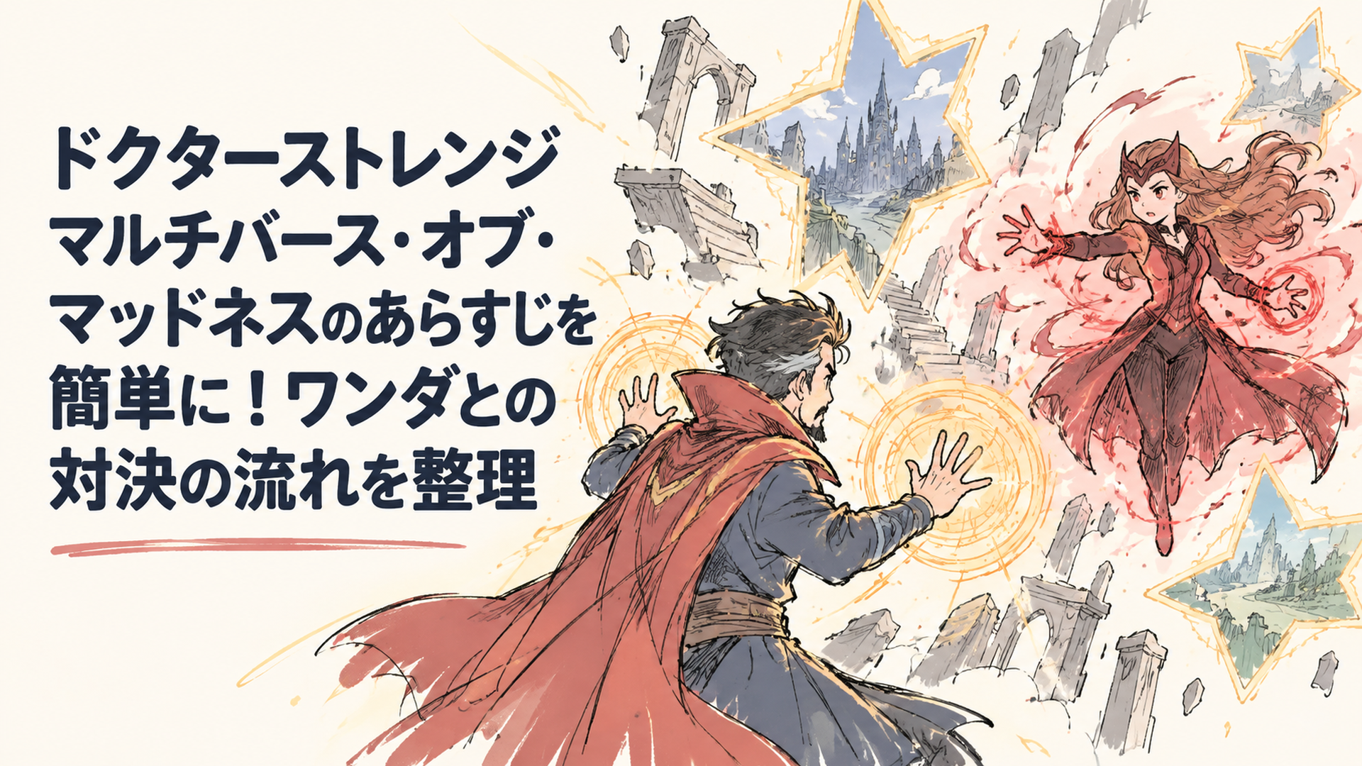 星形のポータルが開く異空間で、魔術師と赤いオーラをまとう魔女が向かい合うシーン